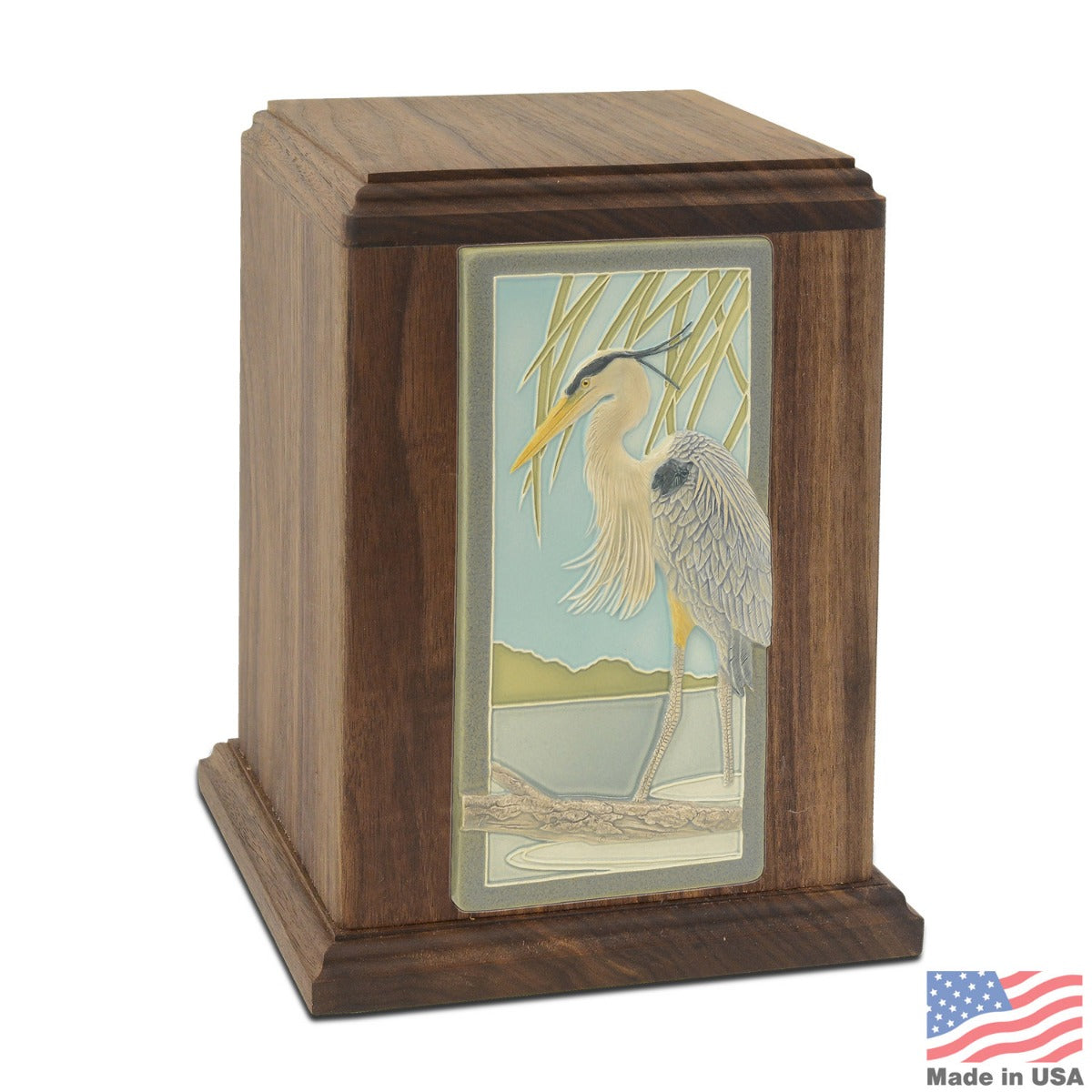 Blue Heron Tile Wood Urn
